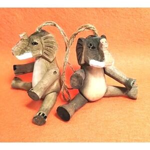 Carved Wood Elephant Ornaments / Shelf Sitters Articulated Moveable Arm Legs 5"